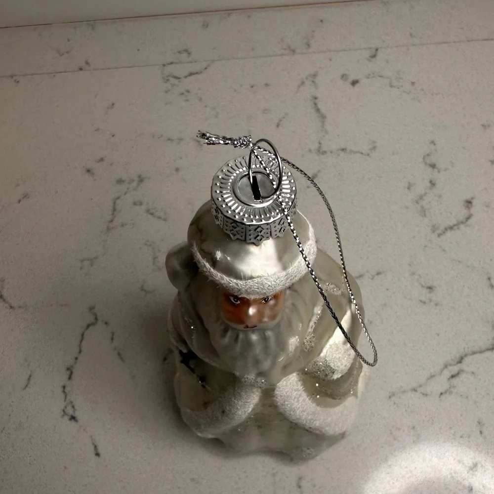 Blown Glass Santa Ornament 5” White Glitter Flocked Set Replacement